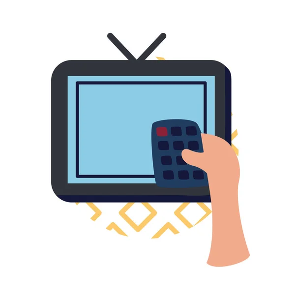 テレビと制御フラットスタイルのアイコンベクトルデザインと手 — ストックベクタ