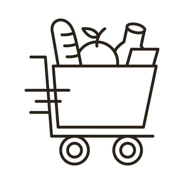 Matvaror i kundvagn leverans linje stil — Stock vektor