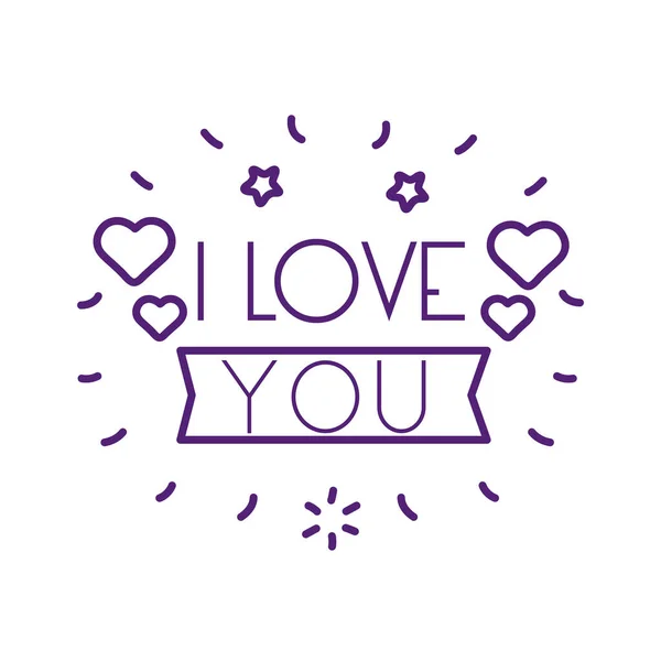 I love you text with hearts and ribbon line style icon design — стоковый вектор
