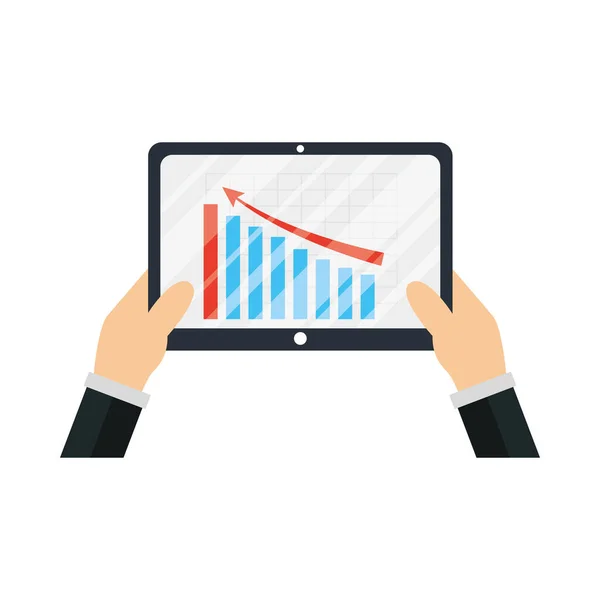 Mãos segurando tablet com infográfico de barras desenho vetorial gráfico —  Vetores de Stock