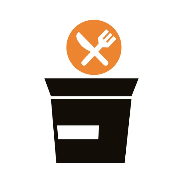 Caixa de comida com garfo e faca serviço de entrega estilo silhueta —  Vetores de Stock