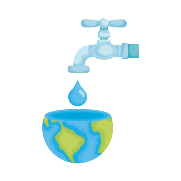 Half earth planet with water drop and tap — Stock Vector