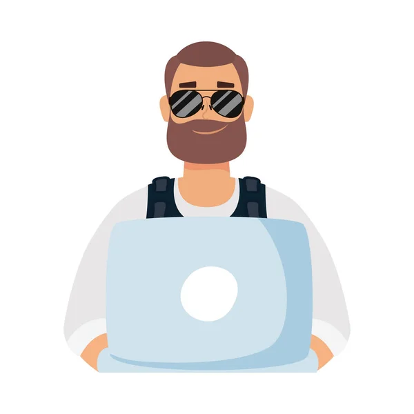 Hombre Avatar con gafas de barba y diseño de vector portátil — Archivo Imágenes Vectoriales