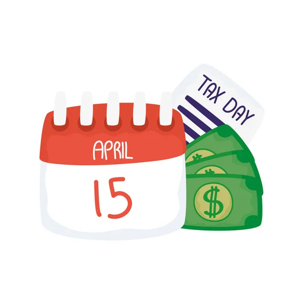 Tax day 15 april calendar document and bills vector design — Stock Vector