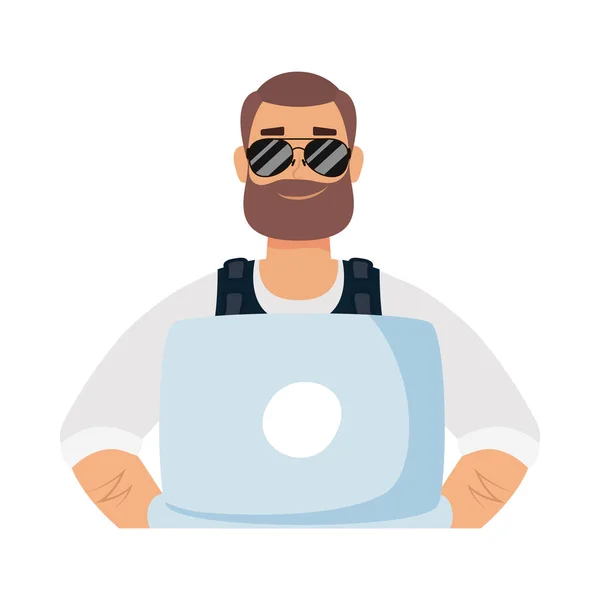 Hombre Avatar con gafas de barba y diseño de vector portátil — Archivo Imágenes Vectoriales