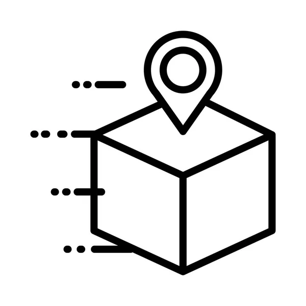 Caja de cartón con pin entrega de ubicación estilo de línea de servicio — Vector de stock