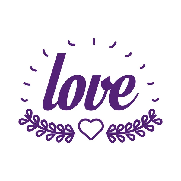 Love word with heart and leaves wreath line style icon vector design — Stock Vector