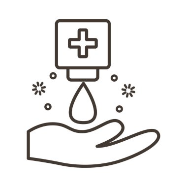 Antibakteriyel sabun şişesi çizgi ikonu ile el.