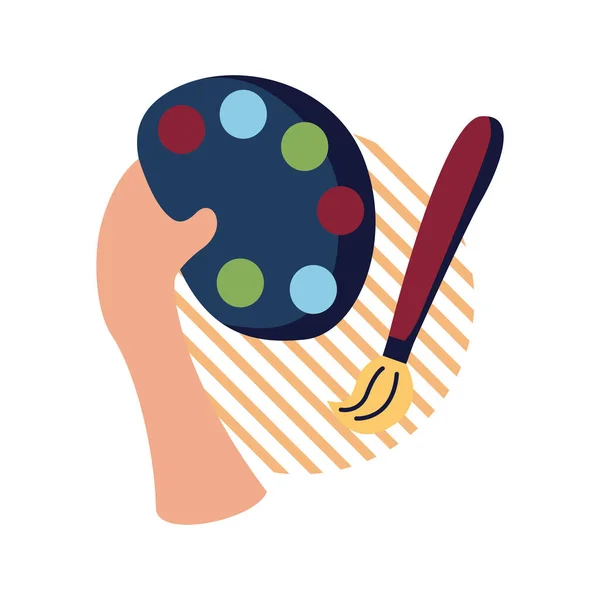 Mano celebración de la paleta de pintura y pincel de estilo plano icono de diseño vectorial — Vector de stock