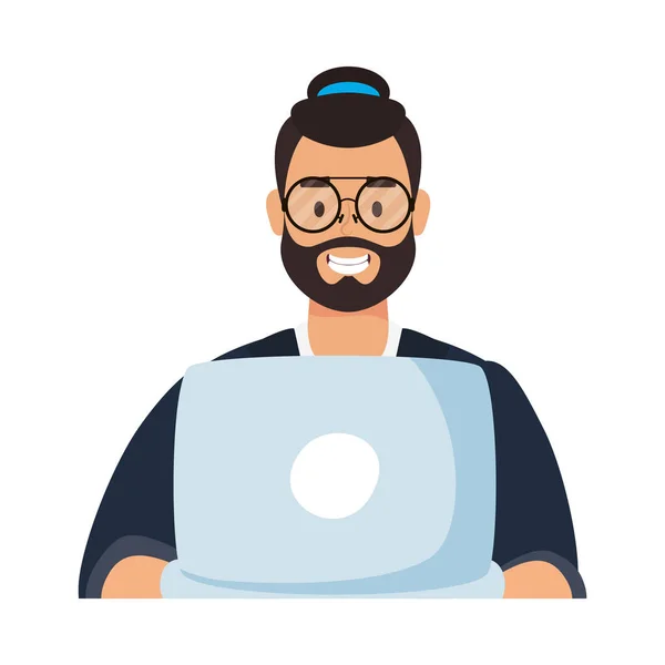 Avatar man with beard glasses and laptop vector design — Stock Vector