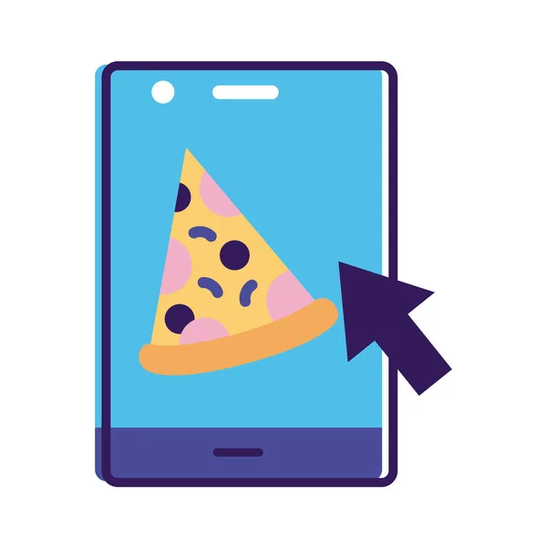 Smartphone met pizza levering app lijn en vul stijl pictogram — Stockvector