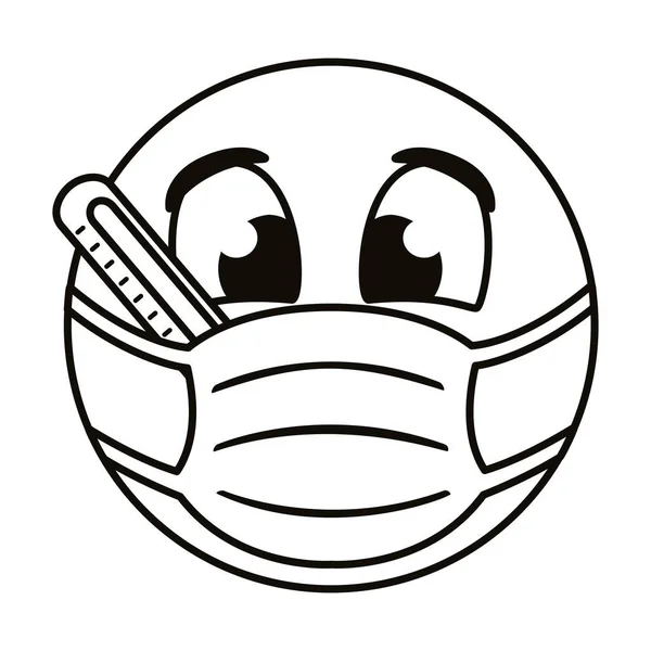 Emoji usando máscara médica com estilo de linha termômetro — Vetor de Stock