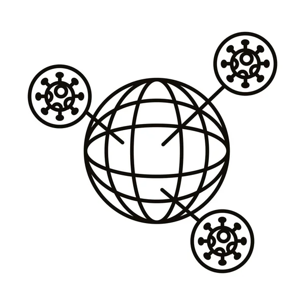 Partículas de vírus covid19 com ícone de estilo de linha de planeta esfera —  Vetores de Stock