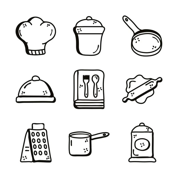 Cocinero y cocina línea estilo icono conjunto vector diseño — Vector de stock