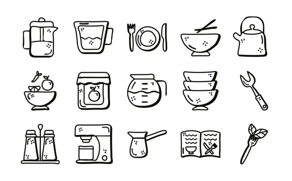 Cook e cozinha linha estilo ícone conjunto vetor design — Vetor de Stock
