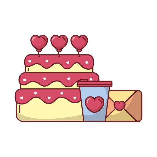 Kärlekskort med hjärta mugg och tårta vektor design — Stock vektor