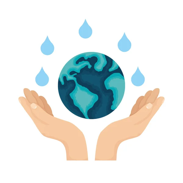 Hands lifting earth planet water day — Stock Vector