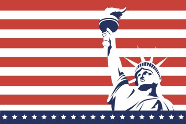 4 Temmuz vektör tasarımının çizgili arka planının önündeki Özgürlük Heykeli