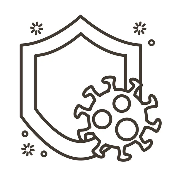 Partícula del virus covid19 en estilo de línea de escudo — Vector de stock