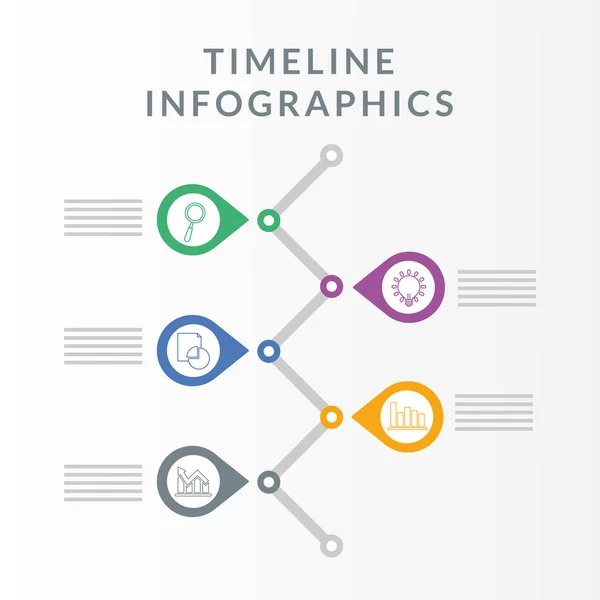 Cronologia Infografica con lupe lampadina e grafico a torta icone vettoriali design — Vettoriale Stock