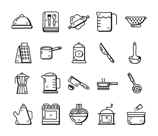 Cook and kitchen line style icon set vector design