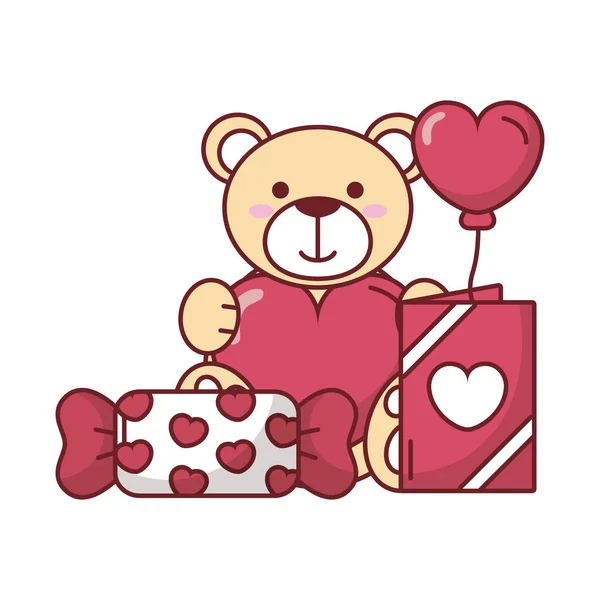 Teddy bear with card candy and heart balloon vector design — Stock Vector