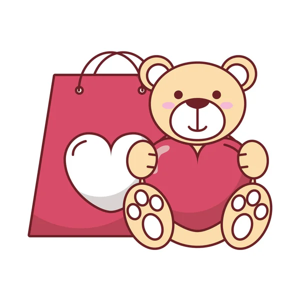 Geïsoleerde teddybeer met hart en zak vector ontwerp — Stockvector