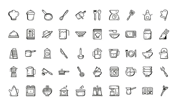 Cocinero y cocina línea estilo icono conjunto vector diseño — Archivo Imágenes Vectoriales