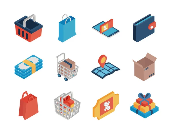 Shopping online isometric style icon set vector design — Stock Vector