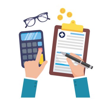 Tıbbi geçmişi ve hesap makinesi vektör tasarımını tutan eller