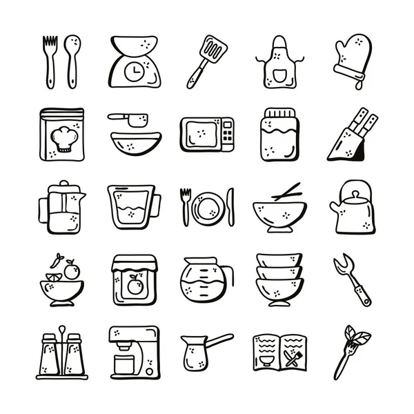 Kok en keuken lijn stijl pictogram set vector ontwerp — Stockvector