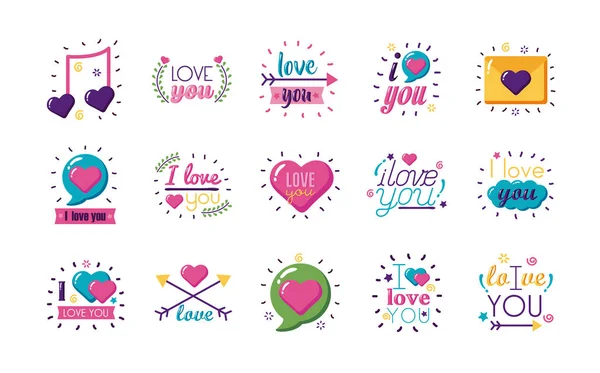 I love you texts flat style icon set vector design — Stock Vector