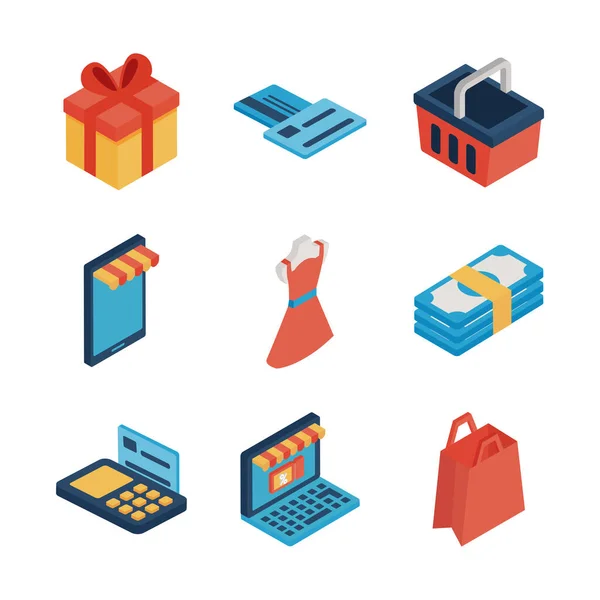 Shopping online isometric style icon set vector design — Stock Vector