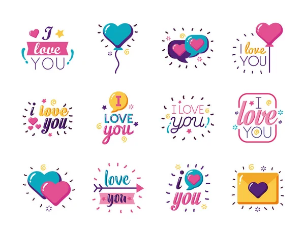 Je vous aime textes style plat icône set vectoriel design — Image vectorielle