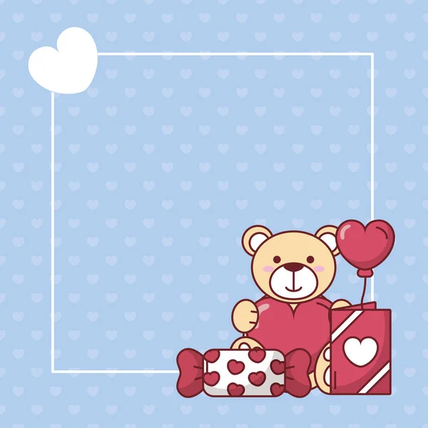 Ours en peluche Saint-Valentin avec ballon coeur et conception vectorielle de bonbons — Image vectorielle