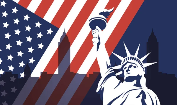 Statue de la liberté américaine avec drapeau du 4ème dessin vectoriel juillet — Image vectorielle