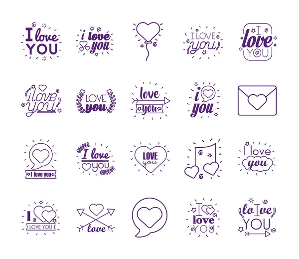 Te amo textos línea estilo icono conjunto vector diseño — Vector de stock