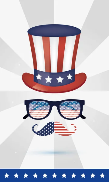 Óculos de chapéu Usa e bigode de design vetorial 4 de julho —  Vetores de Stock