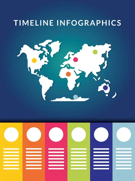 Infográficos da linha do tempo com design de vetores de mapas mundiais — Vetor de Stock