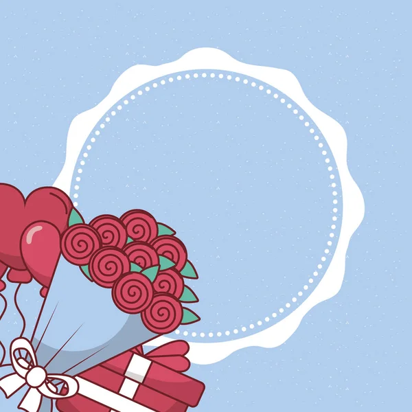 Valentijnsdag harten ballonnen rozen en geschenk vector ontwerp — Stockvector