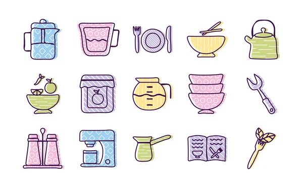 Koken en keuken lijn en vul stijl pictogram set vector ontwerp — Stockvector