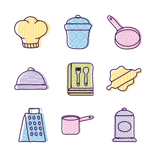 Cuisson et ligne de cuisine et remplissage icône de style set vectoriel design — Image vectorielle