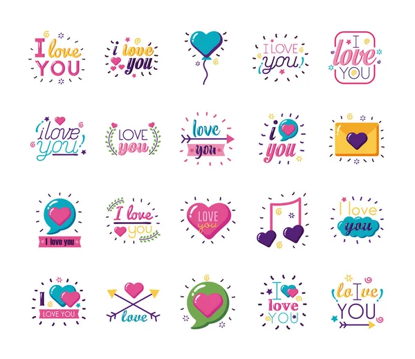 I love you texts flat style icon set vector design — Stock Vector