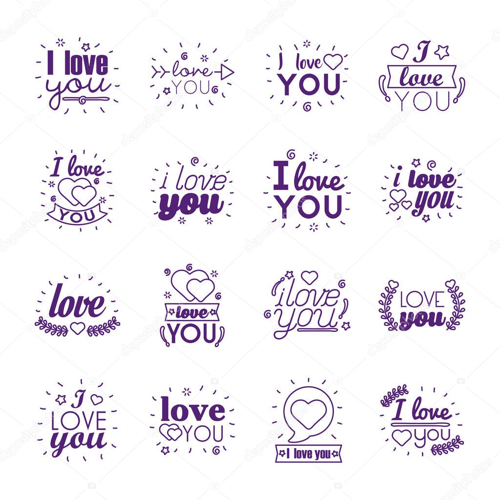 I love you texts line style icon set vector design