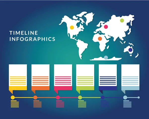 Infográficos da linha do tempo com design de vetores de mapas mundiais — Vetor de Stock