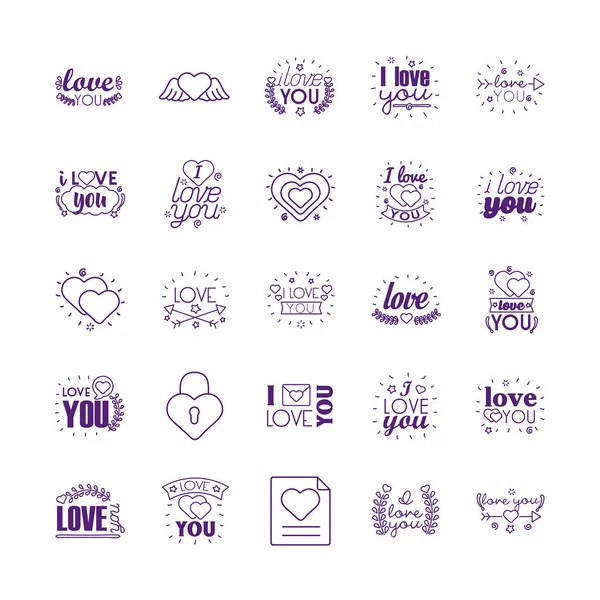 I love you texts line style icon set vector design — стоковый вектор