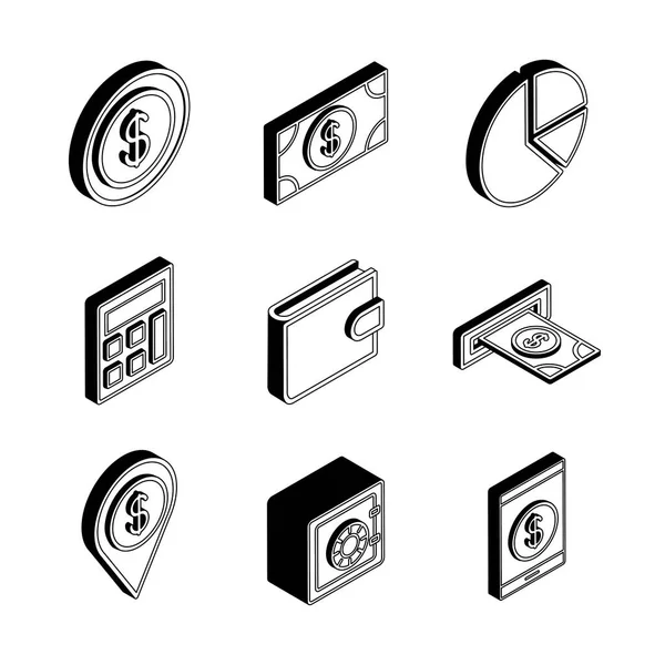 Dinheiro e design de vetor de conjunto de ícones de estilo isométrico financeiro — Vetor de Stock