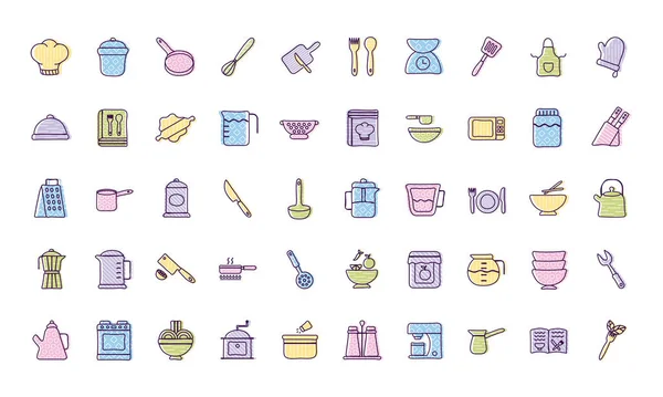 Koken en keuken lijn en vul stijl pictogram set vector ontwerp — Stockvector