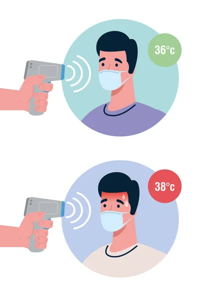 체온을 측정하기 위해 적외선 온도계를 손에 들고 있는 19 번 코로나 바이러스, 사람들은 체온을 확인 한다 — 스톡 벡터