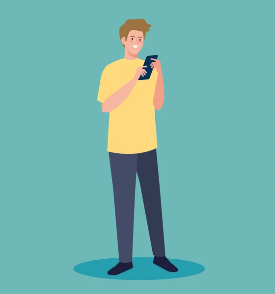 Ung man med smartphone avatar karaktär — Stock vektor